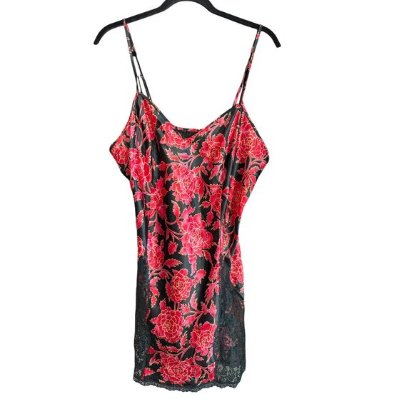 Vintage Victorias Secret 2-Piece Red Black Floral Satin Robe Chemise Large 80s - Picture 2 of 8